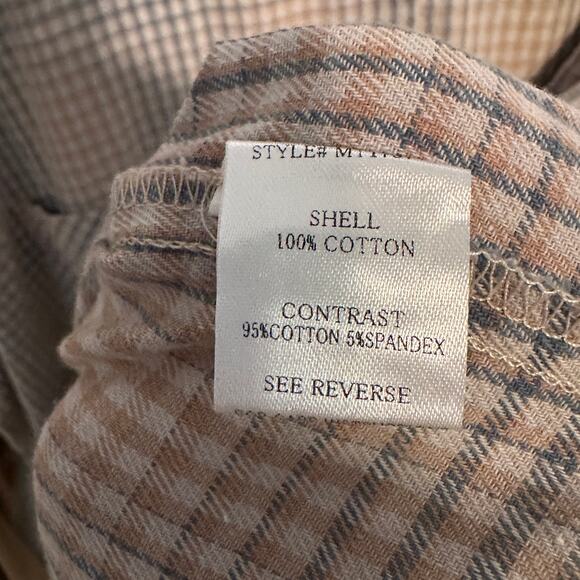 Waffle Sleeve Plaid Button-Up Top in Tan and Light Blue - Picture 8 of 11